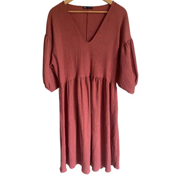 ZARA Textured Weave V-Neck Dress Rust Orange Half Sleeve Midi - Picture 2 of 8